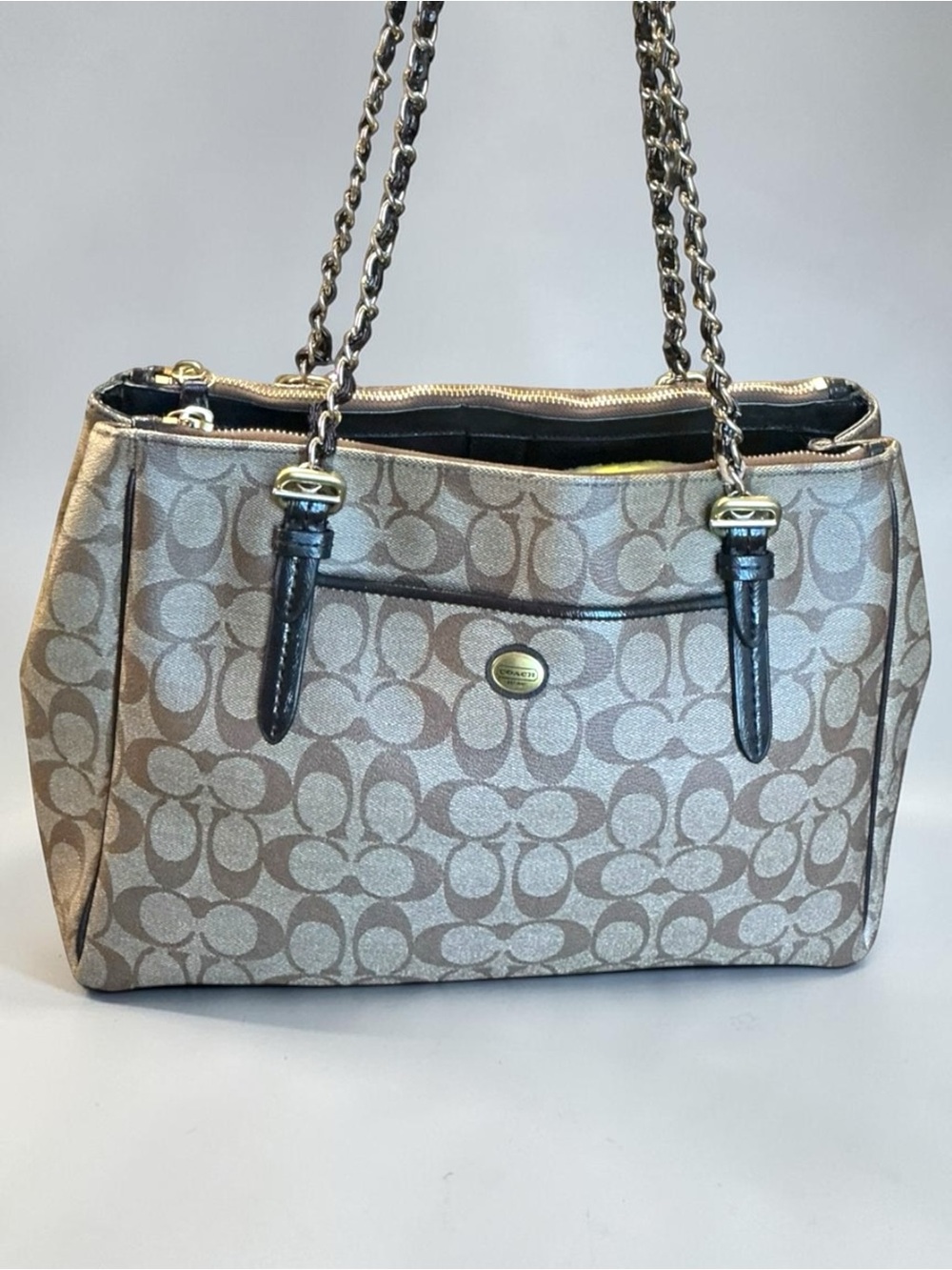 Coach Peyton F24603 Signature Chain Tote Shoulder Bag Khaki Black